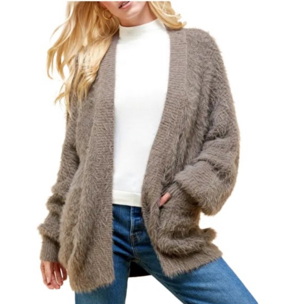 Pinch Fuzzy Eyelash Soft Knit Taupe Cozy Open Cardigan Sweater Size S/M NWT